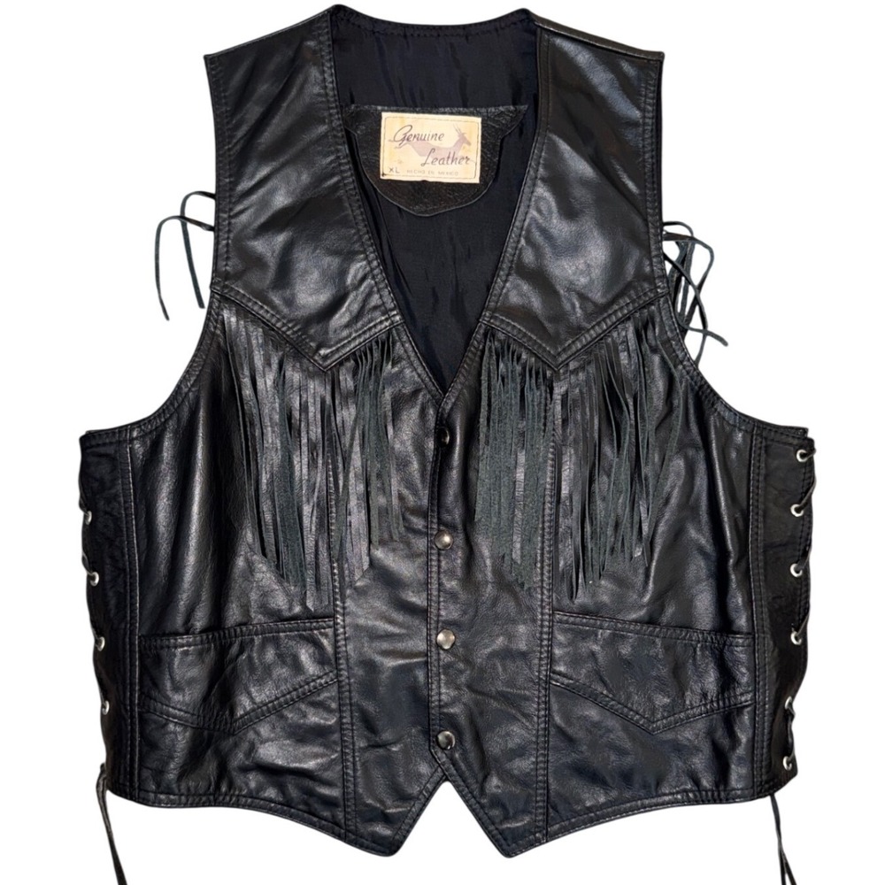 Mens unisex Genuine Leather Fringe Biker Vest Lace Up Sides Motorcycle Western